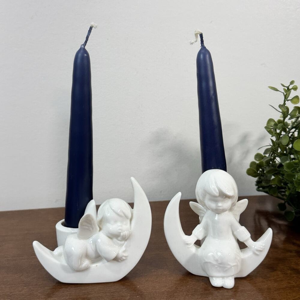 Vintage CCCC Angel On Moon Taper Candle Holders Japan Colonial of Cape Cod
